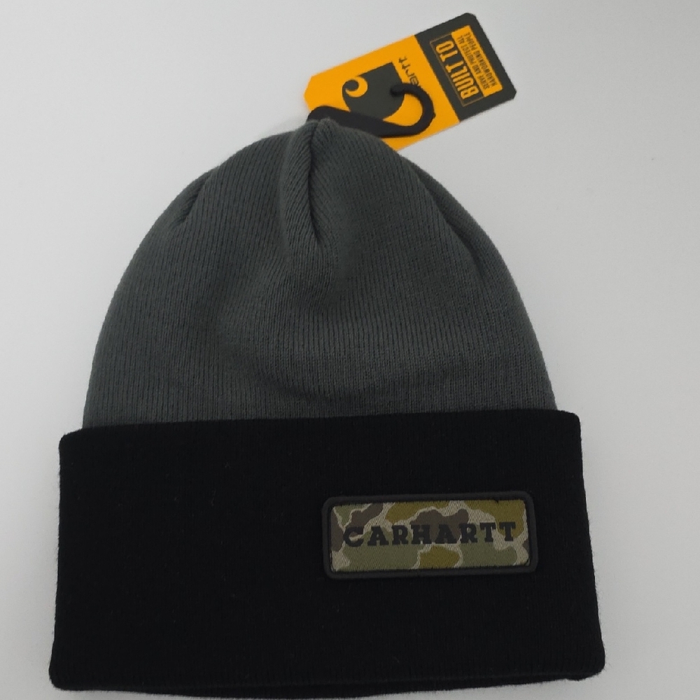 NWT Carhartt Dark Gray and Black Cuffed Beanie With Camo Patch